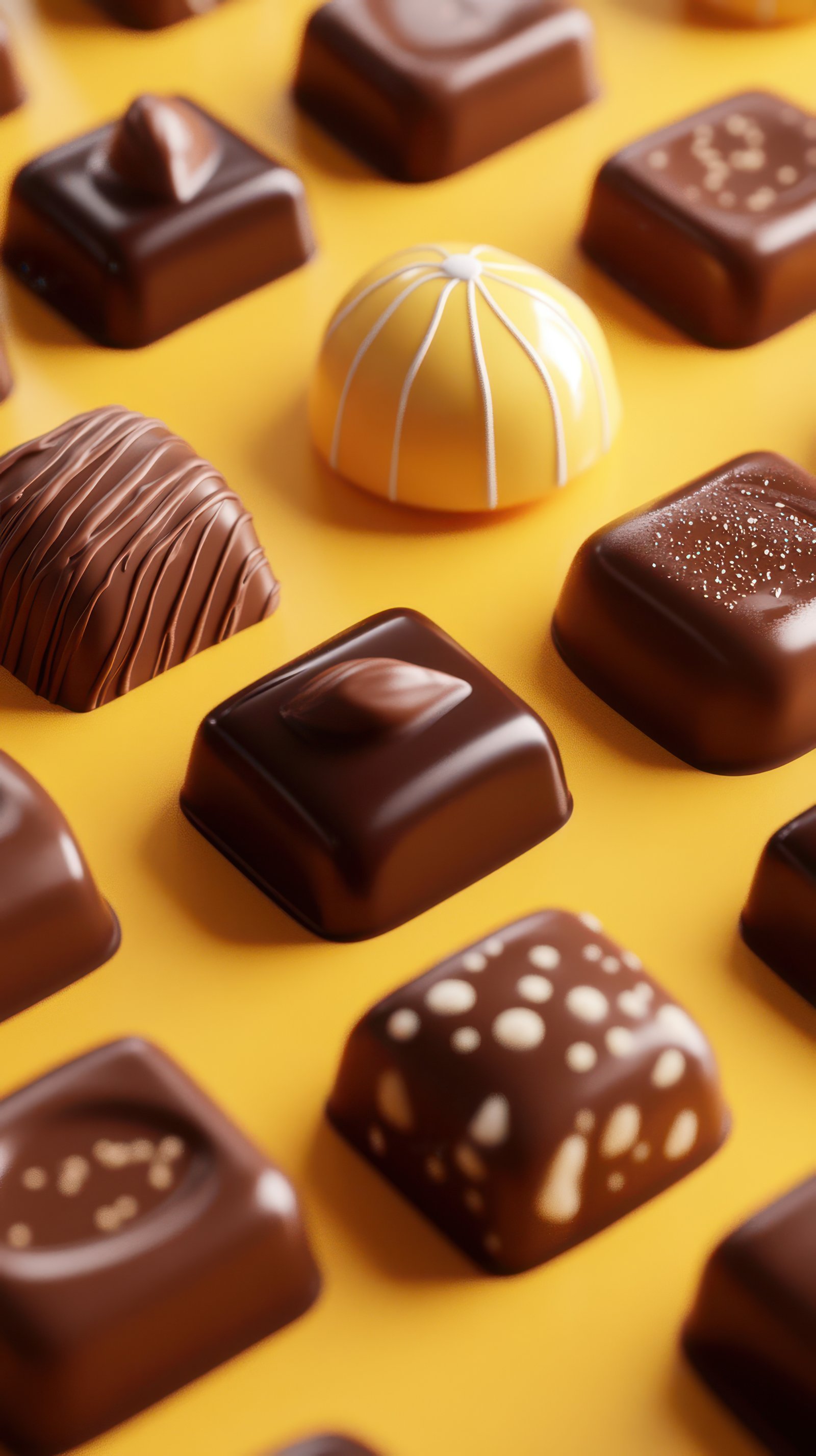 Delicious assortment of gourmet chocolates on a vibrant yellow background highlighting unique designs and textures